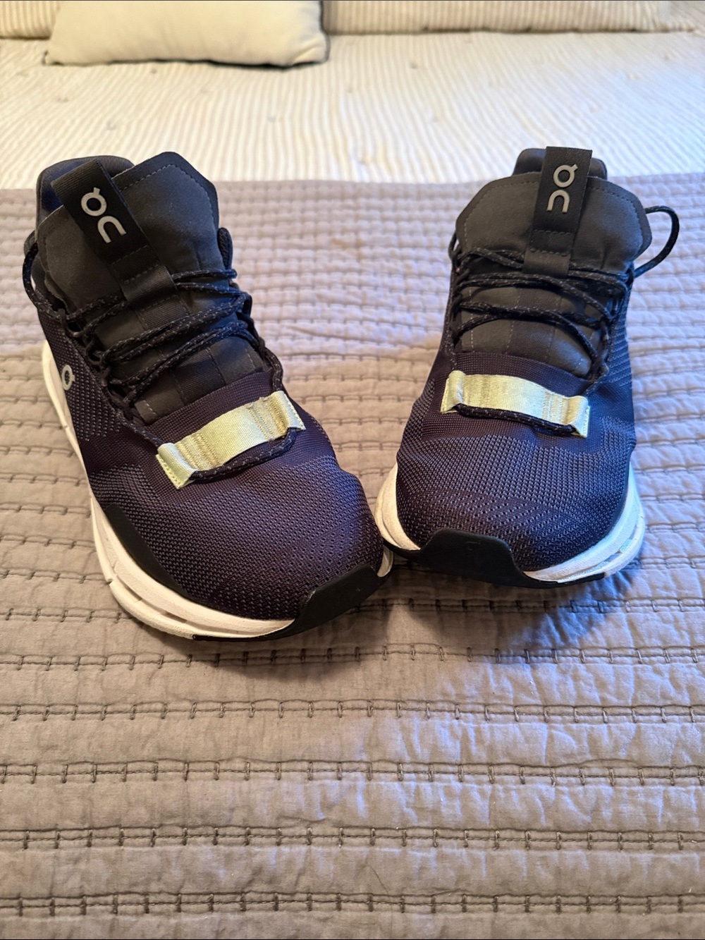 On Running Men's Athletic Shoes in Navy, Black, White with Gold Accent
